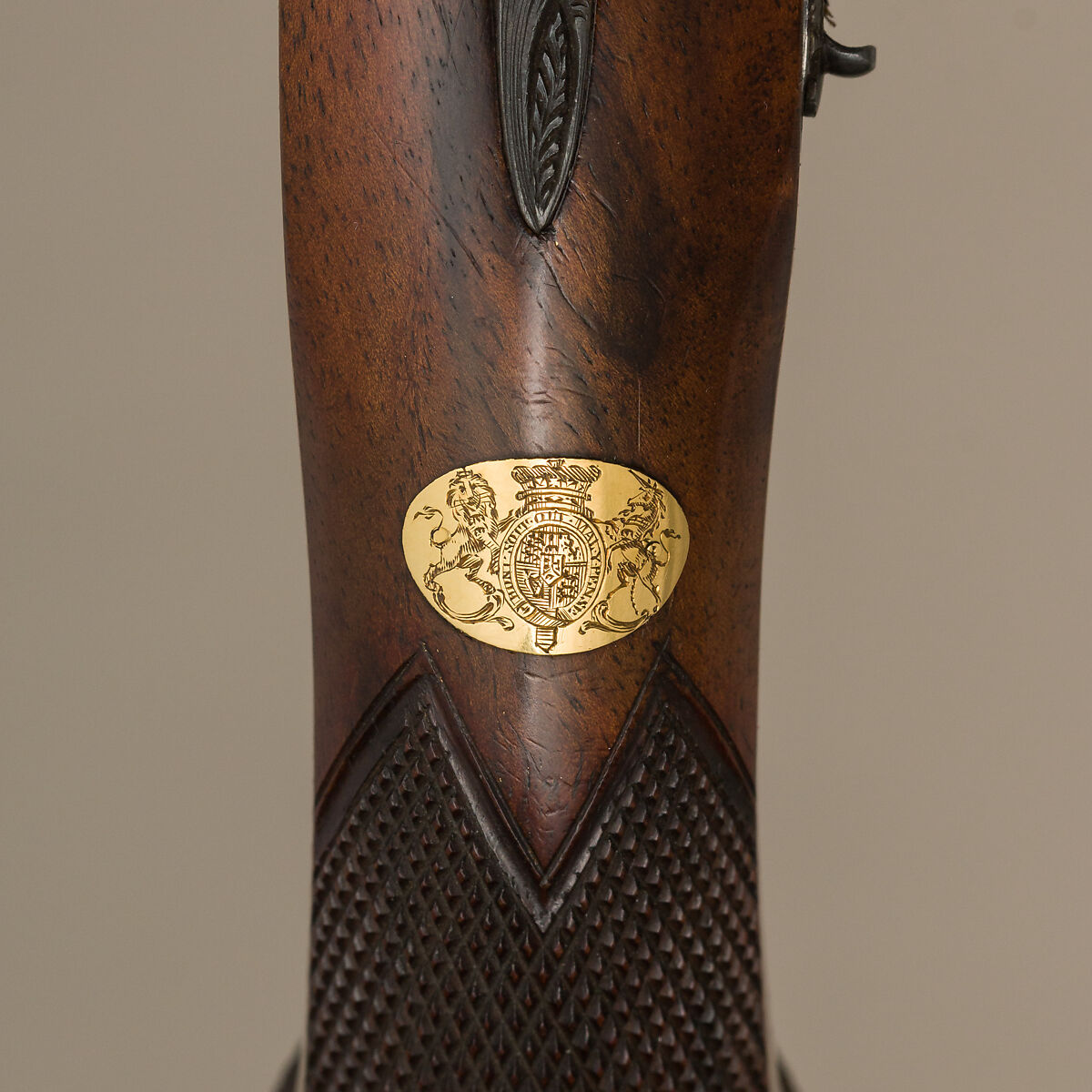 Flintlock Target Pistol of Prince William Frederick, Second Duke of Gloucester and Edinburgh (1776–1834), with Case and Accessories, Wogdon &amp; Barton (British, London 1795–1803), Pistol: wood (walnut), steel, gold, brass, horn; ramrod: wood (walnut), brass, steel; case: wood (mahogany), velvet, brass; powder flask: brass, steel, leather; bullet mold: steel; screwdriver: wood (walnut), brass, steel; cleaning rod: wood (walnut), brass, steel; bottle: glass, British, London
