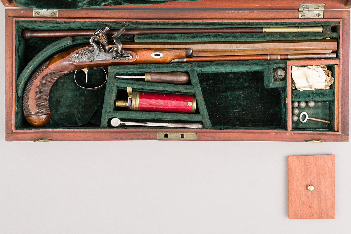 Flintlock Target Pistol of Prince William Frederick, Second Duke of Gloucester and Edinburgh (1776–1834), with Case and Accessories, Wogdon &amp; Barton (British, London 1795–1803), Pistol: wood (walnut), steel, gold, brass, horn; ramrod: wood (walnut), brass, steel; case: wood (mahogany), velvet, brass; powder flask: brass, steel, leather; bullet mold: steel; screwdriver: wood (walnut), brass, steel; cleaning rod: wood (walnut), brass, steel; bottle: glass, British, London