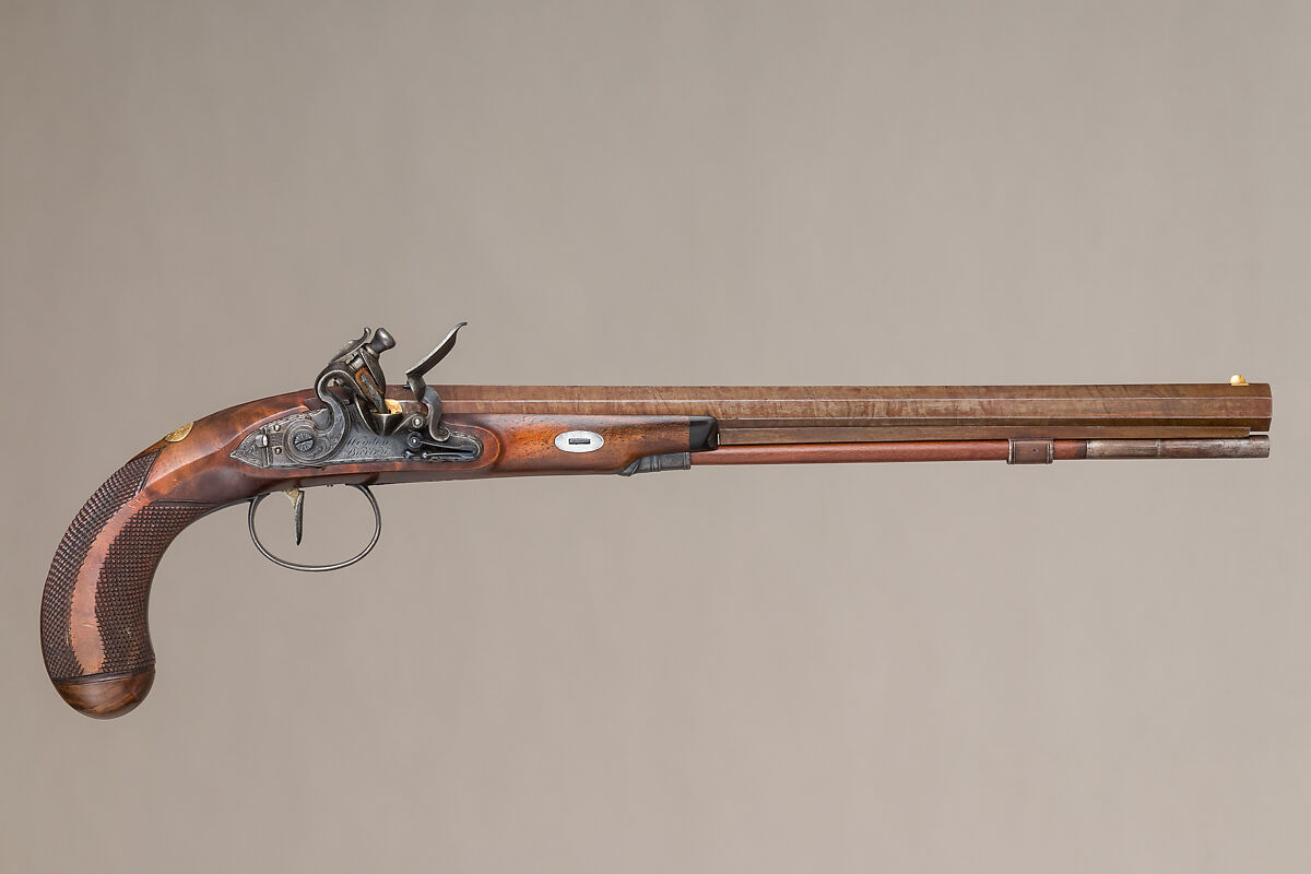 Flintlock Target Pistol of Prince William Frederick, Second Duke of Gloucester and Edinburgh (1776–1834), with Case and Accessories, Wogdon &amp; Barton (British, London 1795–1803), Pistol: wood (walnut), steel, gold, brass, horn; ramrod: wood (walnut), brass, steel; case: wood (mahogany), velvet, brass; powder flask: brass, steel, leather; bullet mold: steel; screwdriver: wood (walnut), brass, steel; cleaning rod: wood (walnut), brass, steel; bottle: glass, British, London 