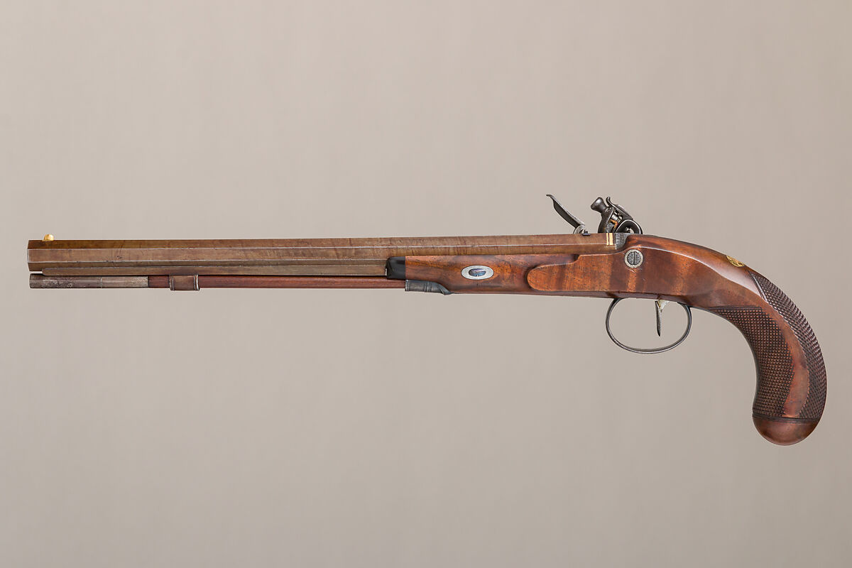 Flintlock Target Pistol of Prince William Frederick, Second Duke of Gloucester and Edinburgh (1776–1834), with Case and Accessories, Wogdon &amp; Barton (British, London 1795–1803), Pistol: wood (walnut), steel, gold, brass, horn; ramrod: wood (walnut), brass, steel; case: wood (mahogany), velvet, brass; powder flask: brass, steel, leather; bullet mold: steel; screwdriver: wood (walnut), brass, steel; cleaning rod: wood (walnut), brass, steel; bottle: glass, British, London