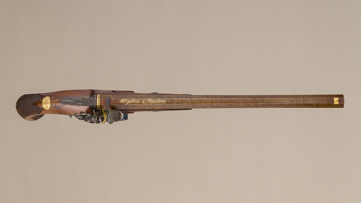 Flintlock Target Pistol of Prince William Frederick, Second Duke of Gloucester and Edinburgh (1776–1834), with Case and Accessories, Wogdon &amp; Barton (British, London 1795–1803), Pistol: wood (walnut), steel, gold, brass, horn; ramrod: wood (walnut), brass, steel; case: wood (mahogany), velvet, brass; powder flask: brass, steel, leather; bullet mold: steel; screwdriver: wood (walnut), brass, steel; cleaning rod: wood (walnut), brass, steel; bottle: glass, British, London