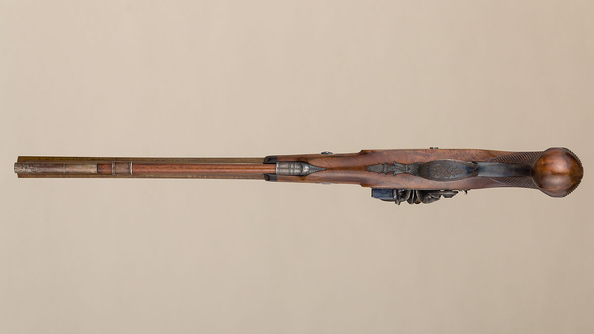 Flintlock Target Pistol of Prince William Frederick, Second Duke of Gloucester and Edinburgh (1776–1834), with Case and Accessories, Wogdon &amp; Barton (British, London 1795–1803), Pistol: wood (walnut), steel, gold, brass, horn; ramrod: wood (walnut), brass, steel; case: wood (mahogany), velvet, brass; powder flask: brass, steel, leather; bullet mold: steel; screwdriver: wood (walnut), brass, steel; cleaning rod: wood (walnut), brass, steel; bottle: glass, British, London
