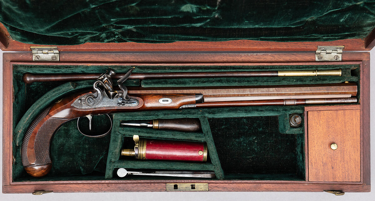 Flintlock Target Pistol of Prince William Frederick, Second Duke of Gloucester and Edinburgh (1776–1834), with Case and Accessories, Wogdon &amp; Barton (British, London 1795–1803), Pistol: wood (walnut), steel, gold, brass, horn; ramrod: wood (walnut), brass, steel; case: wood (mahogany), velvet, brass; powder flask: brass, steel, leather; bullet mold: steel; screwdriver: wood (walnut), brass, steel; cleaning rod: wood (walnut), brass, steel; bottle: glass, British, London