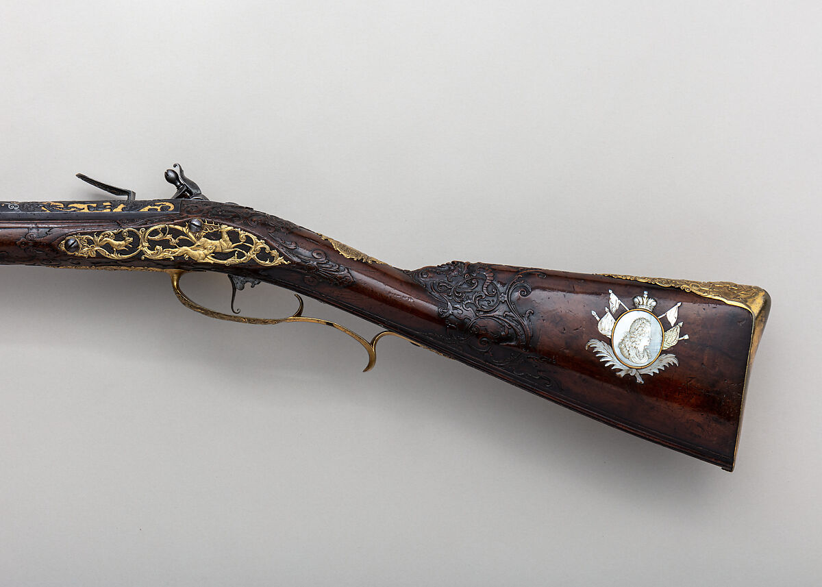 Flintlock Gun of Emperor Charles VI (1685–1740), Johann Sebastian Hauschka (German, Wolfenbüttel, active ca. 1720–75), Steel, wood (walnut), brass, gold, mother-of-pearl, paint, German, Wolfenbüttel 
