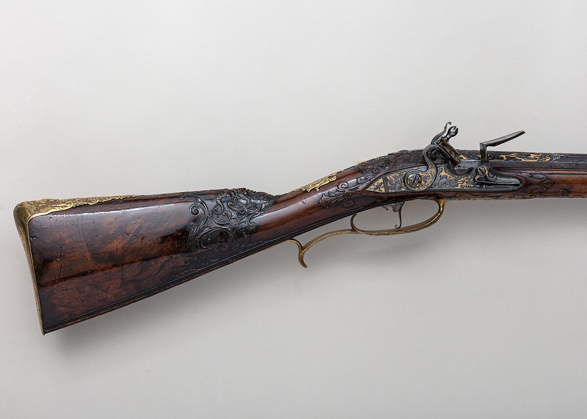 Flintlock Gun of Emperor Charles VI (1685–1740), Johann Sebastian Hauschka (German, Wolfenbüttel, active ca. 1720–75), Steel, wood (walnut), brass, gold, mother-of-pearl, paint, German, Wolfenbüttel