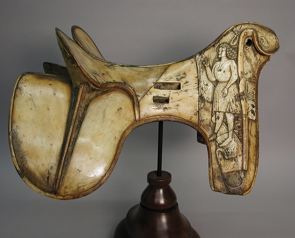 Saddle, Wood (birch), staghorn, bone, pigskin, birch bark, traces of pigment, German 