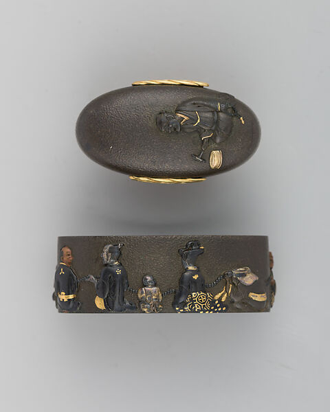 Sword-Hilt Collar and Pommel (Fuchigashira), Copper-silver alloy (shibuichi), copper-gold alloy (shakudō), gold, silver, copper, Japanese 