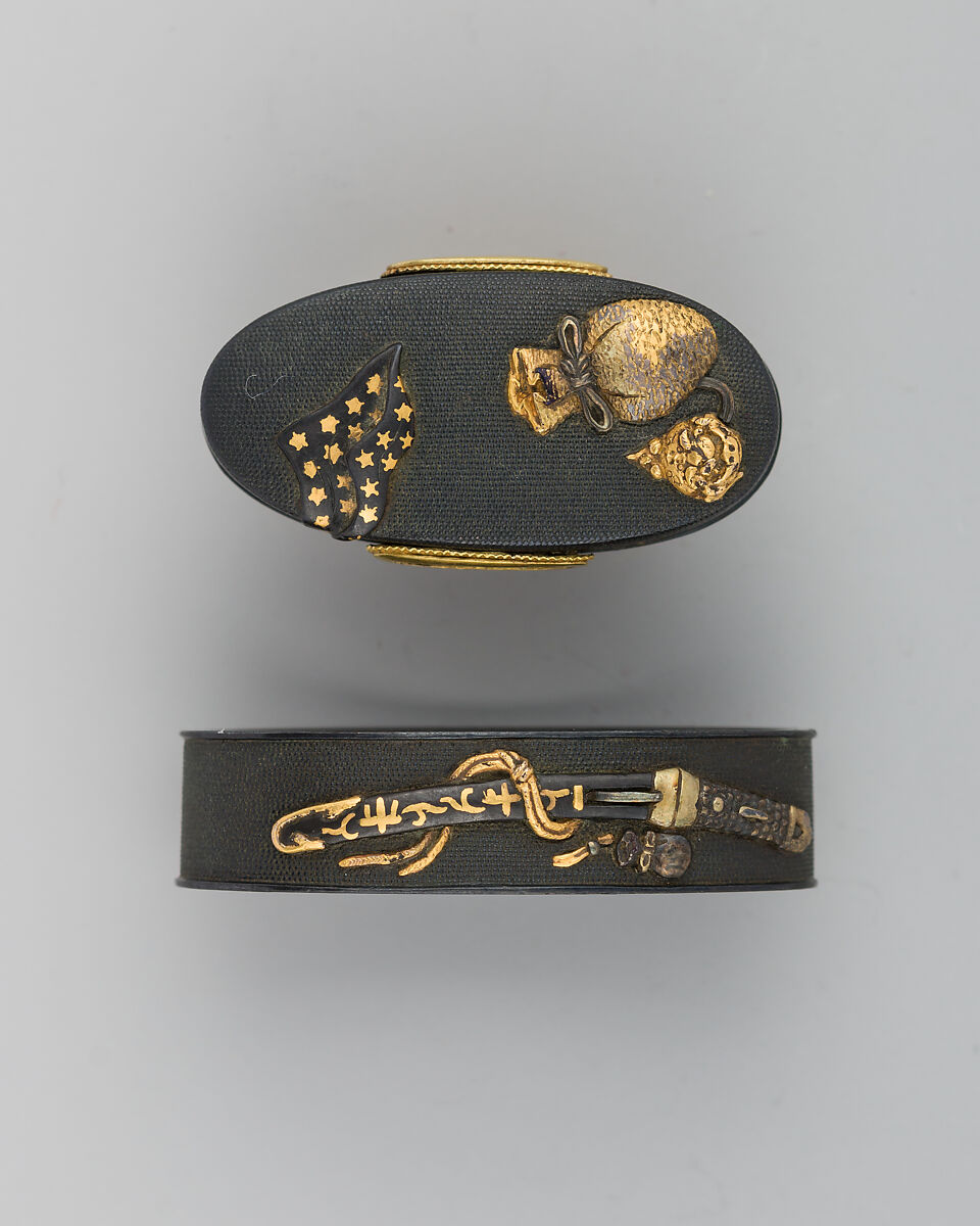 Sword-Hilt Collar and Pommel (Fuchigashira), Copper-gold alloy (shakudō), copper-silver alloy (shibuichi), gold, Japanese 
