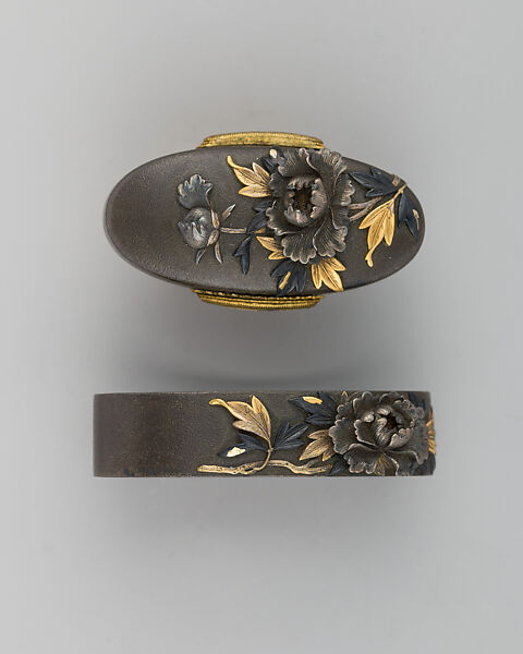 Sword-Hilt Collar and Pommel (Fuchigashira), Copper-silver alloy (shibuichi), copper-gold alloy (shakudō), gold, silver, Japanese 