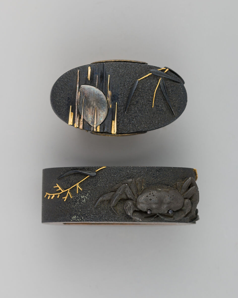 Sword-Hilt Collar and Pommel (Fuchigashira), Copper-gold alloy (shakudō), copper-silver alloy (shibuichi), silver, gold, Japanese 