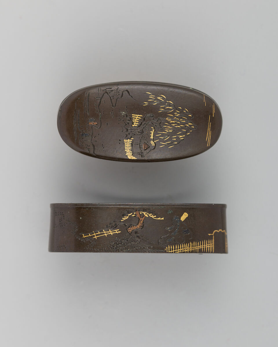 Sword-Hilt Collar and Pommel (Fuchigashira), Bronze, copper-gold alloy (shakudō), gold, copper, Japanese 