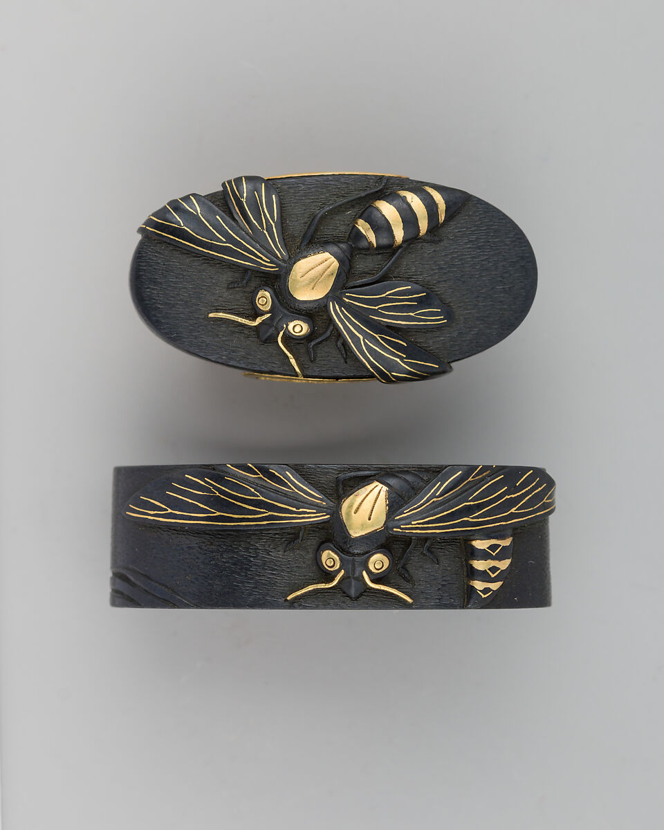Sword-Hilt Collar and Pommel (Fuchigashira), Copper-gold alloy (shakudō), gold, copper, Japanese 