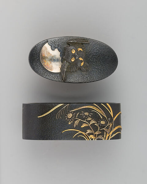Sword-Hilt Collar and Pommel (Fuchigashira), Copper-silver alloy (shibuichi), gold, silver, Japanese 