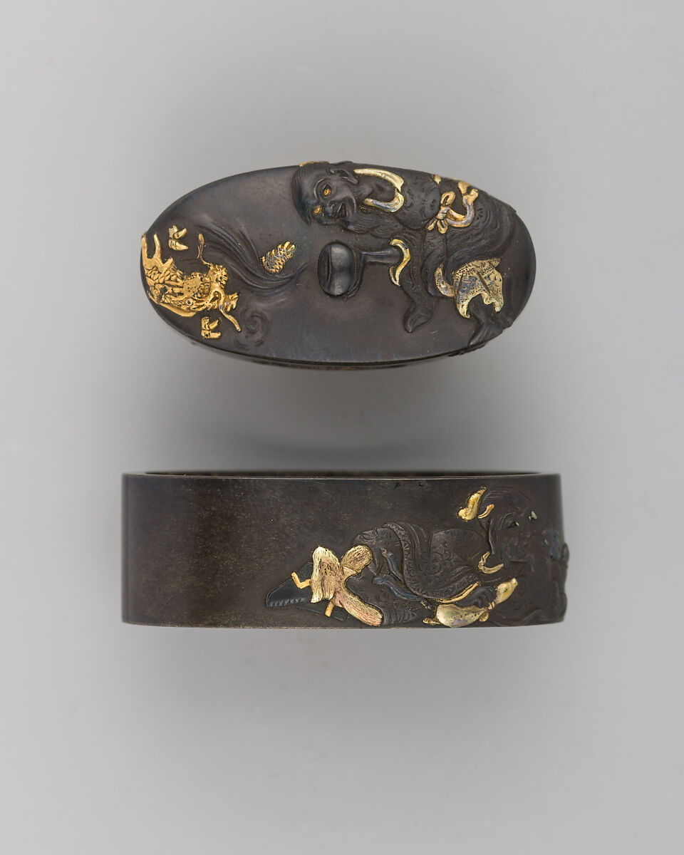 Sword-Hilt Collar and Pommel (Fuchigashira), Copper-silver alloy (shibuichi), copper-gold alloy (shakudō), gold, silver, Japanese 