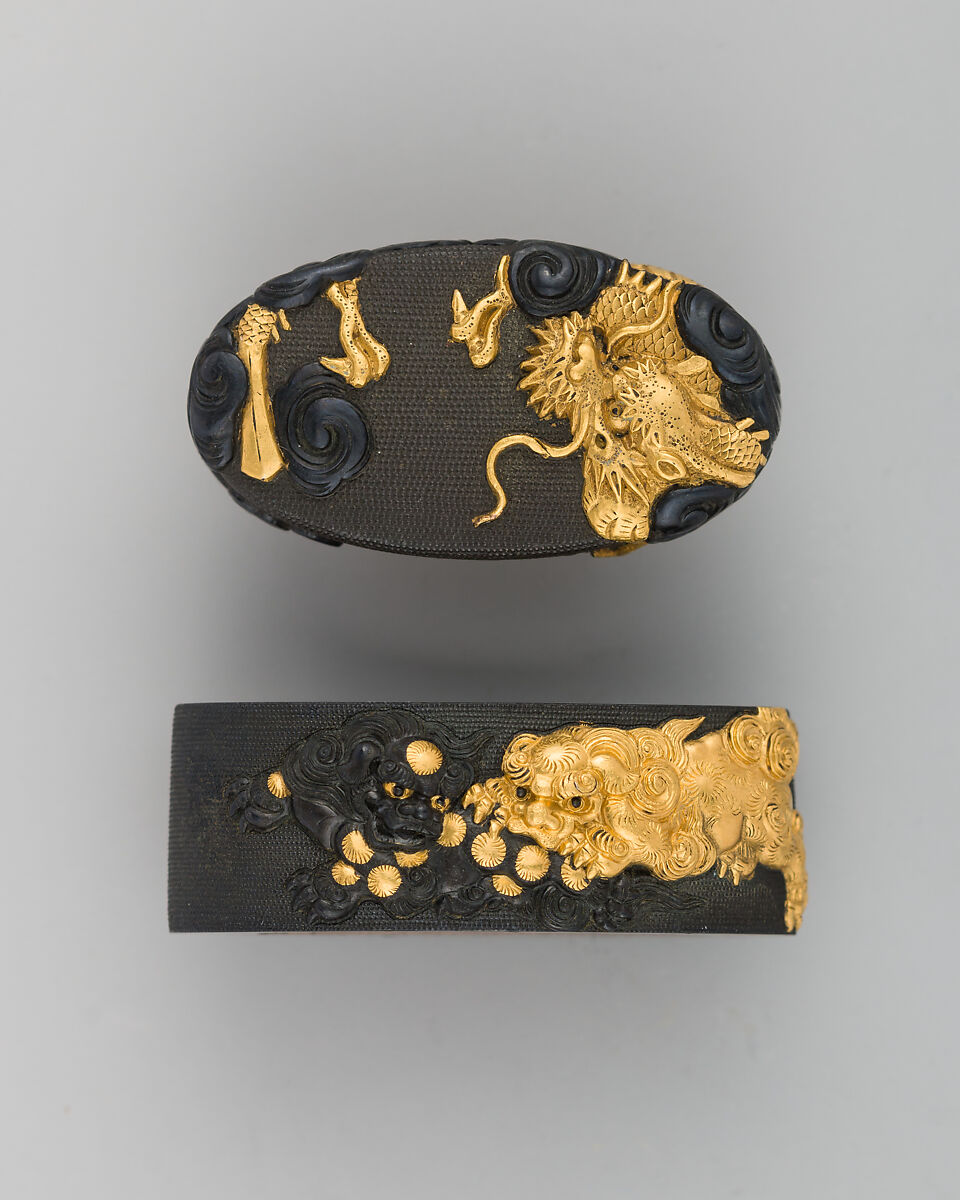 Sword-Hilt Collar and Pommel (Fuchigashira), Copper-gold alloy (shakudō), copper-silver alloy (shibuichi), gold, Japanese 