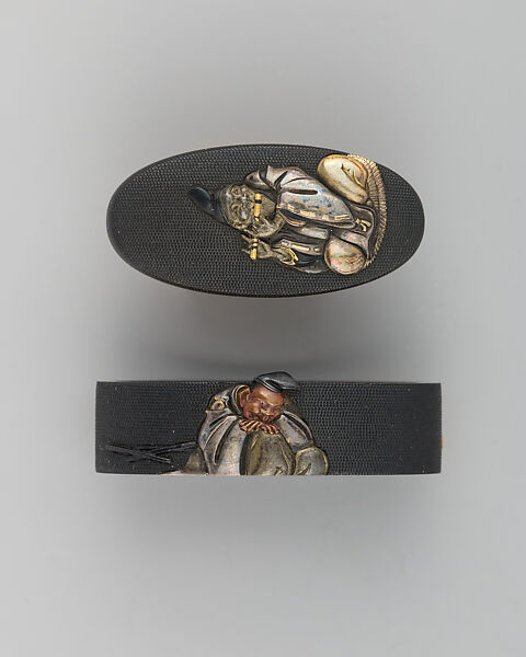 Sword-Hilt Collar and Pommel (Fuchigashira), Copper-gold alloy (shakudō), gold, silver, copper, Japanese 