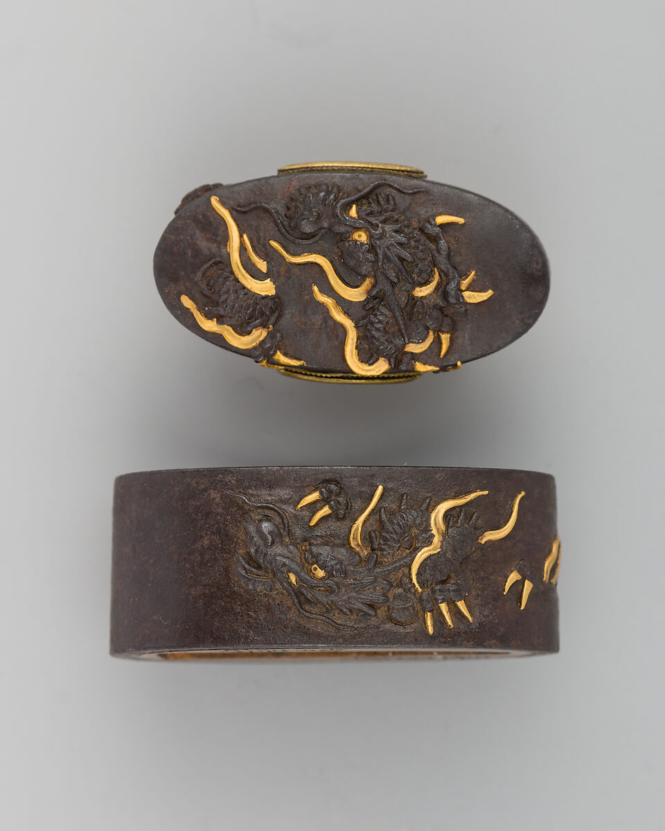 Sword-Hilt Collar and Pommel (Fuchigashira), Iron, gold, copper, Japanese 