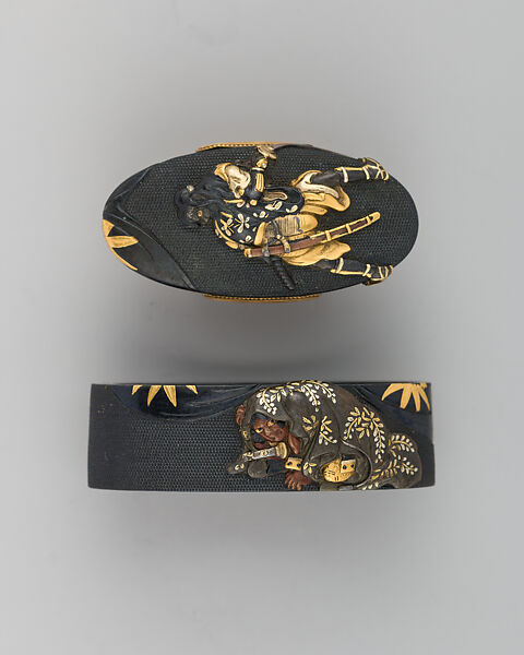 Sword-Hilt Collar and Pommel (Fuchigashira), Copper-silver alloy (shibuichi), copper, gold, copper-gold alloy (shakudō), Japanese 
