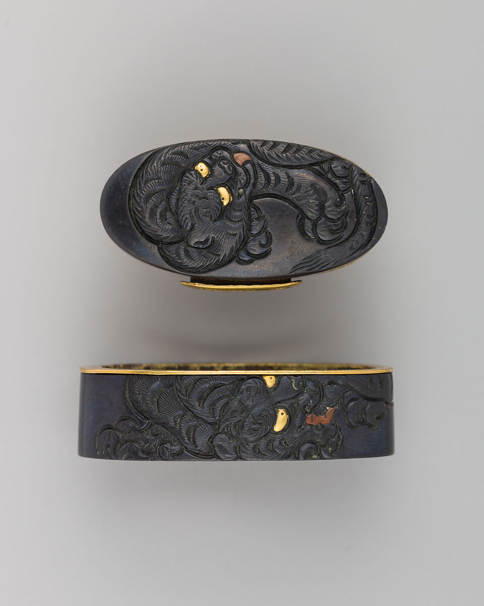 Sword-Hilt Collar and Pommel (Fuchigashira), Copper-gold alloy (shakudō), gold, copper, Japanese 