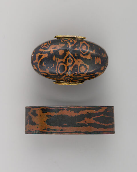 Sword-Hilt Collar and Pommel (Fuchigashira), Copper-gold alloy (shakudō), bronze, gold, Japanese 
