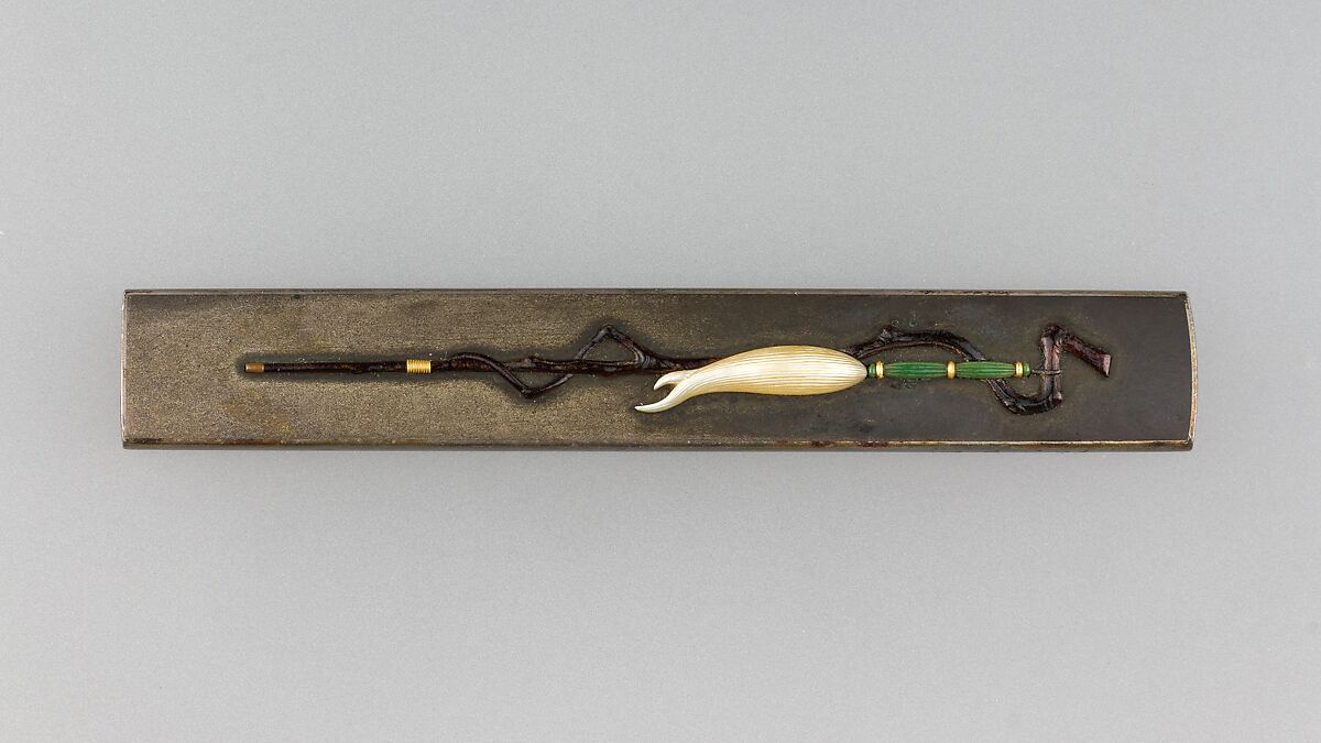 Knife Handle (Kozuka), Copper-silver alloy (shibuichi), mother-of-pearl, gold, lacquer (urushi), silver, jade, copper, Japanese 