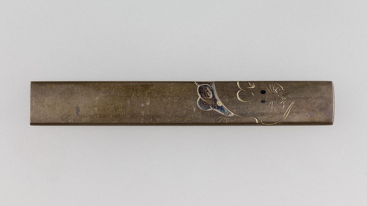 Knife Handle (Kozuka), Inscribed by Kanō Natsuo (Japanese, 1828–1898), Copper-silver alloy (shibuichi), silver, copper-gold alloy (shakudō), Japanese 