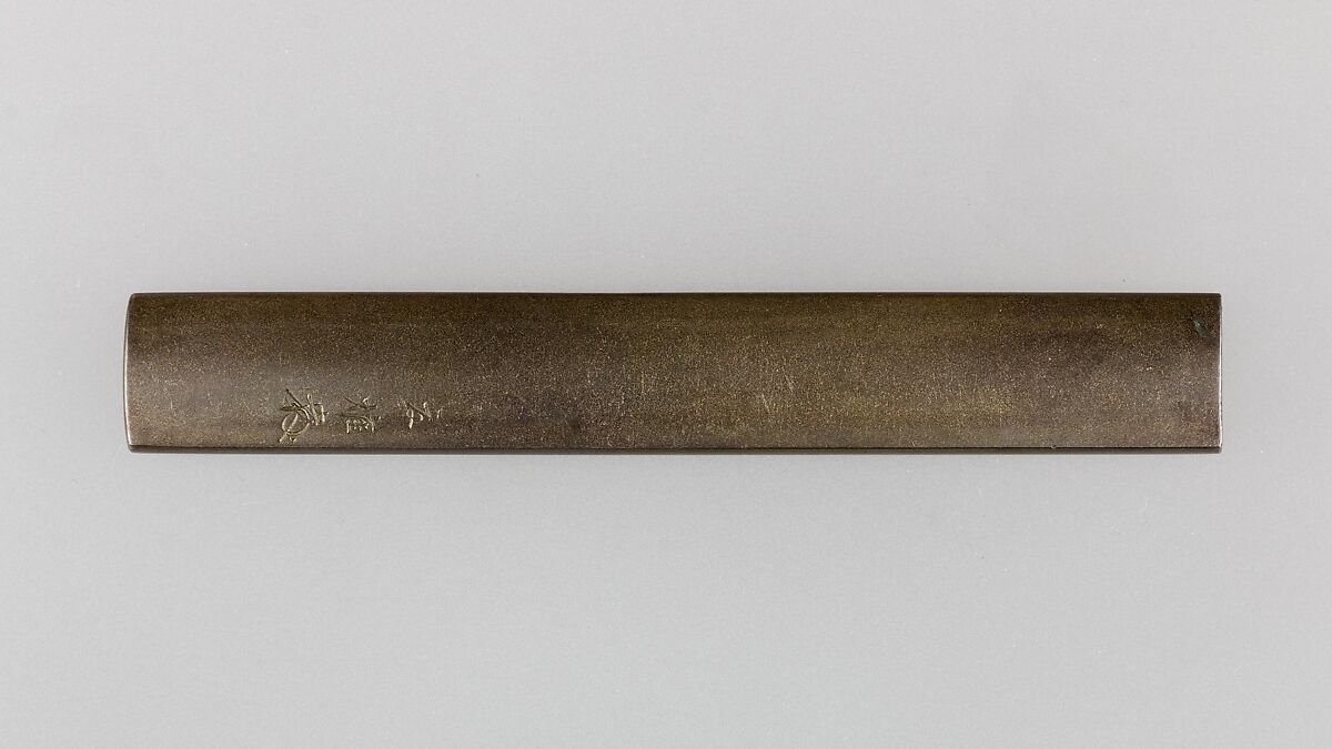 Knife Handle (Kozuka), Inscribed by Kanō Natsuo (Japanese, 1828–1898), Copper-silver alloy (shibuichi), silver, copper-gold alloy (shakudō), Japanese