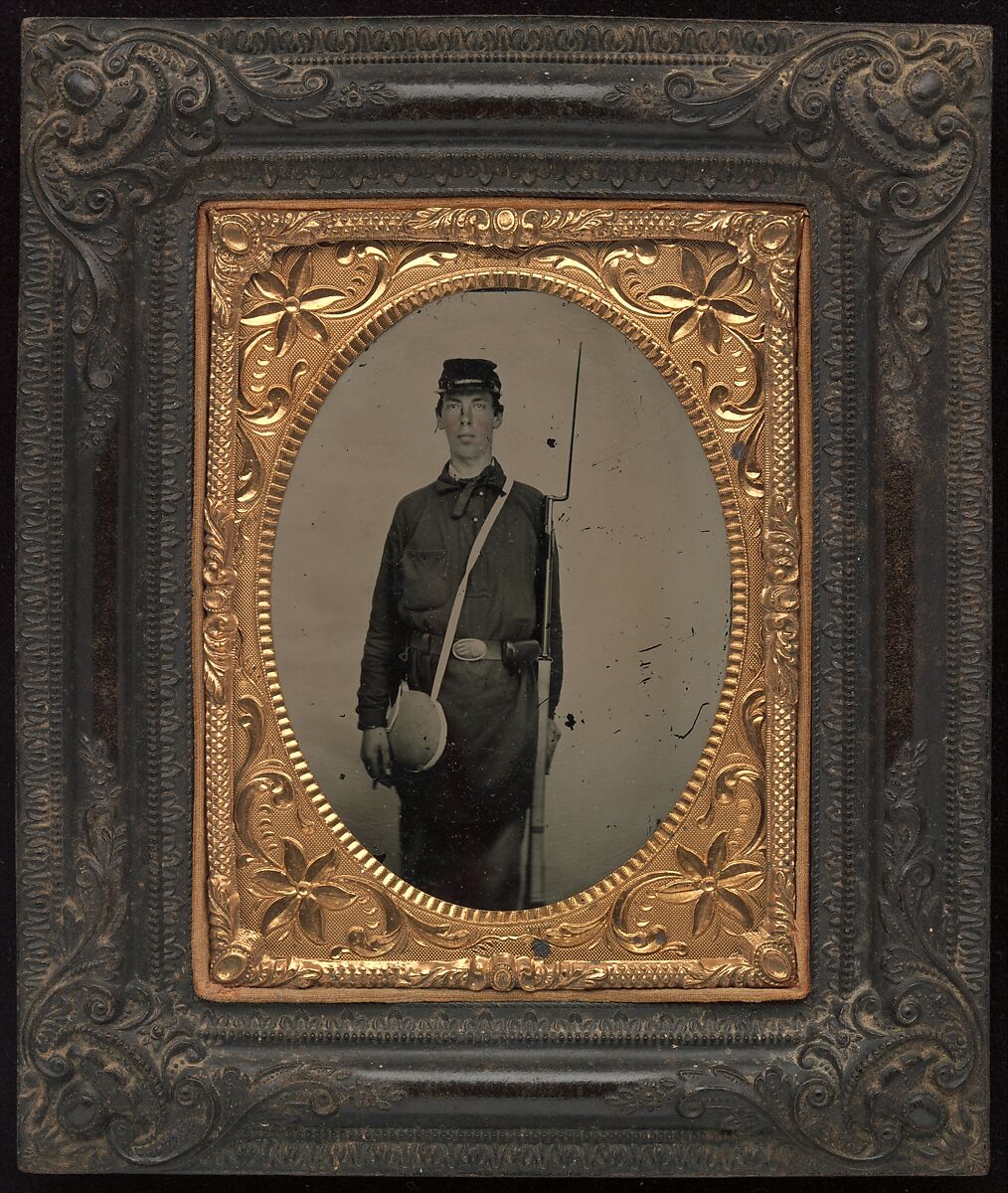 [Civil War Union Soldier with Rifle and Canteen, in Studio], Unknown (American), Ambrotype 