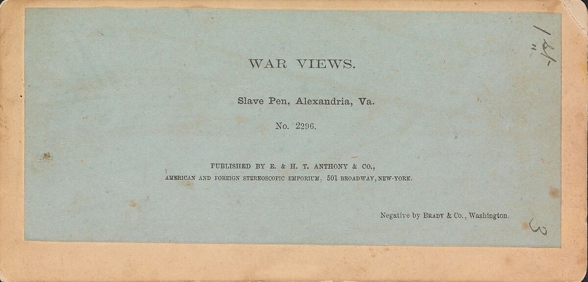 Slave Pen, Alexandria, Virginia, Brady &amp; Co. (American, active 1840s–1880s), Albumen silver print from glass negative