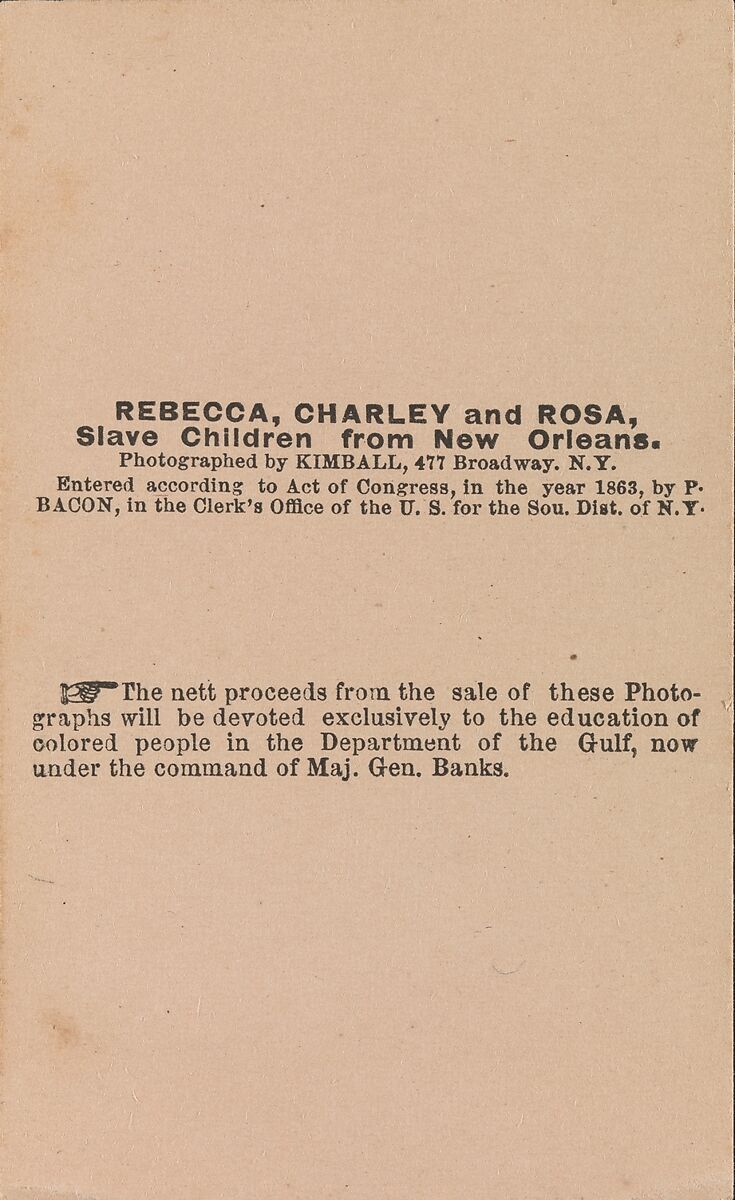 Rebecca, Charley and Rosa, Slave Children from New Orleans, Myron H. Kimball (American, active 1860s), Albumen silver print from glass negative