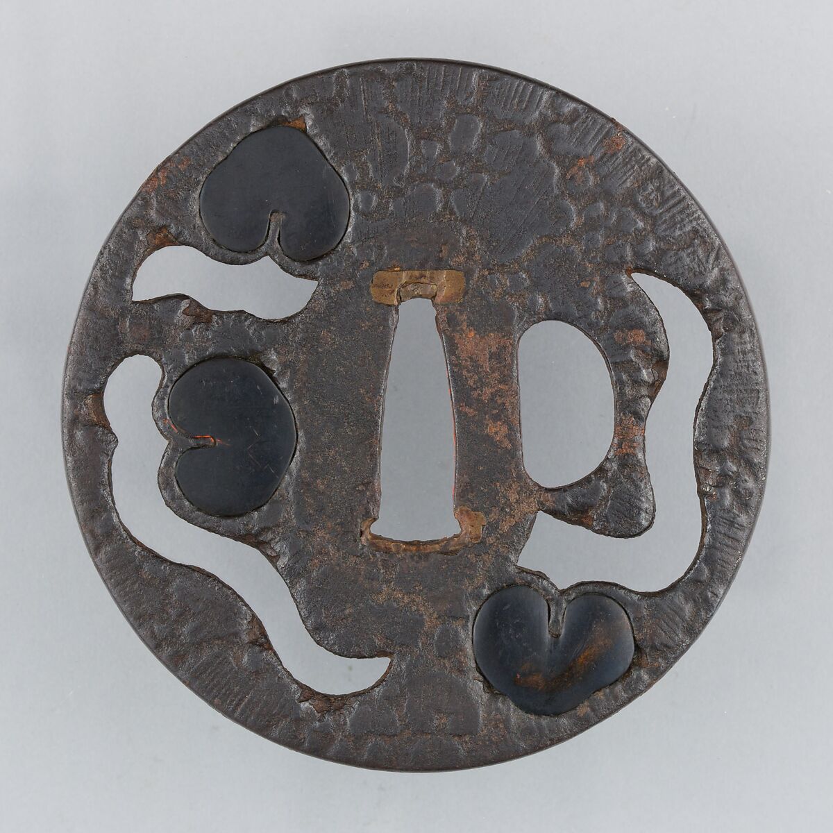 Sword Guard (Tsuba), Iron, copper-gold alloy (shakudō), copper, Japanese