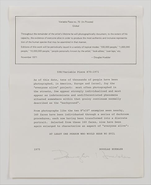 598 / Variable Piece #70 : 1971 (In Process) Global 1975, Douglas Huebler (American, 1924–1997), Gelatin silver prints and typescript