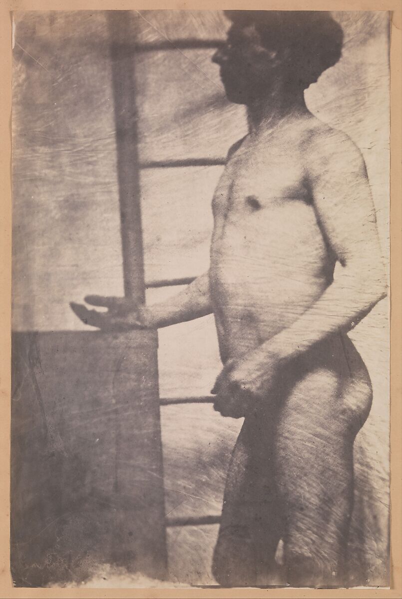 [Standing Male Nude], Unknown (French), Salted paper print from collodion glass negative 