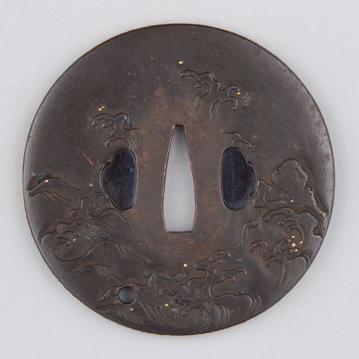 Sword Guard (Tsuba), Iron, gold, silver, copper-gold alloy (shakudō), copper, Japanese