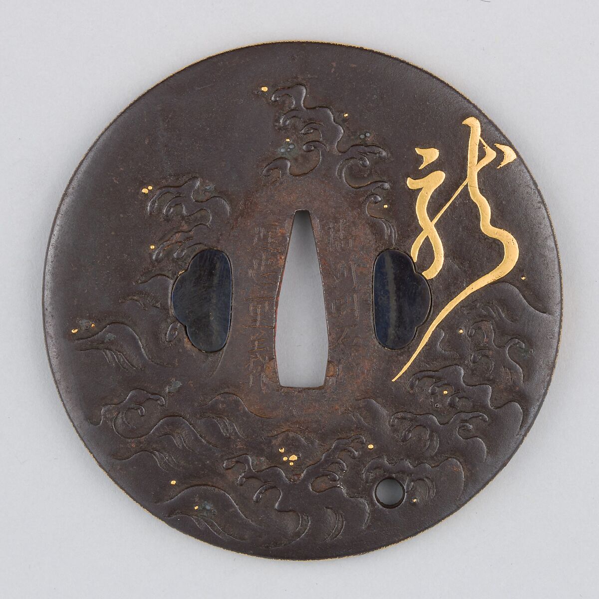 Sword Guard (Tsuba), Iron, gold, silver, copper-gold alloy (shakudō), copper, Japanese 