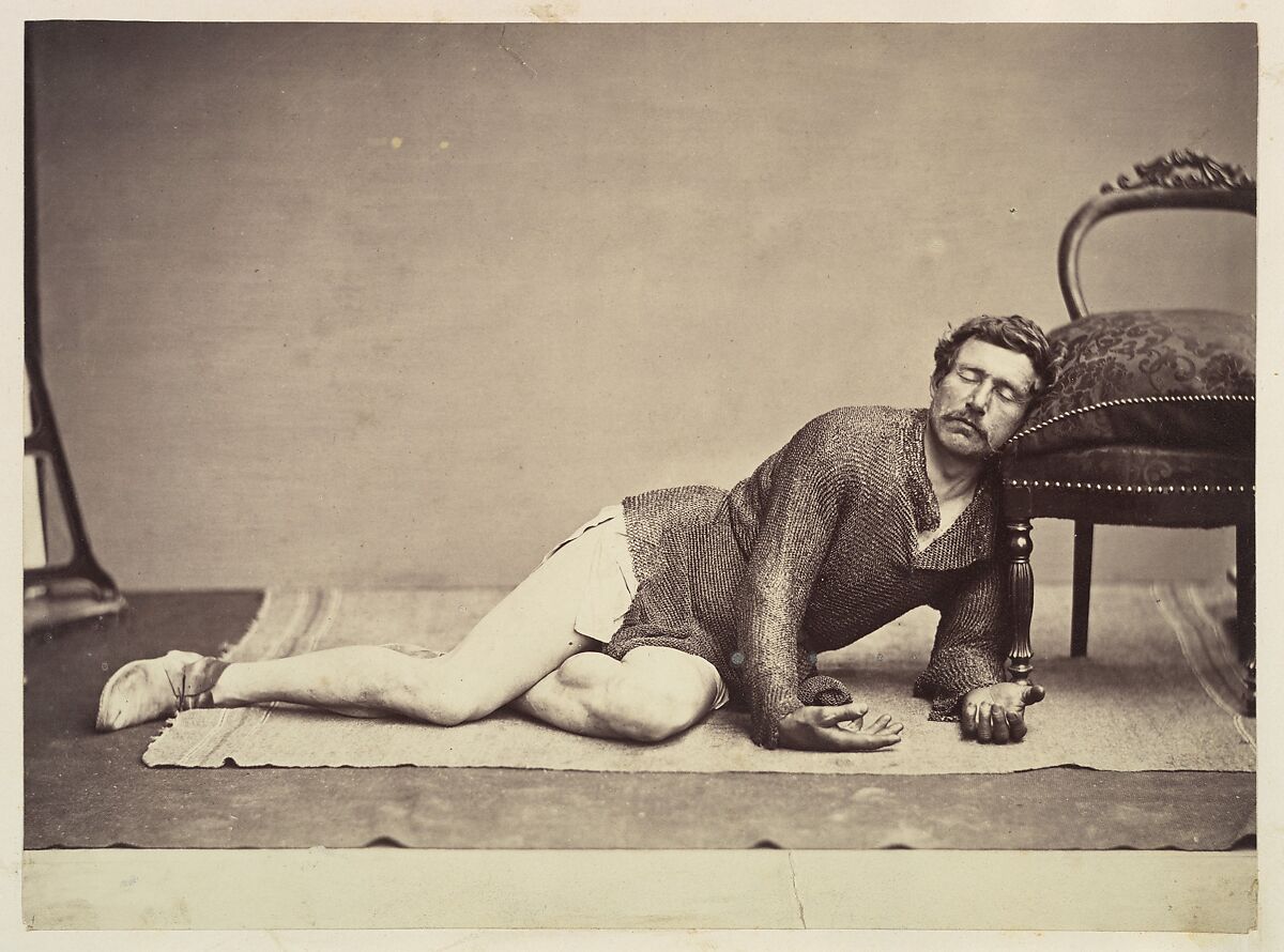 [Man in Chainmail Tunic Posing as a Dying Soldier], Adrien Constant de Rebecque (Swiss, Lausanne 1806–1876 Lausanne), Albumen silver print from collodion glass negative 