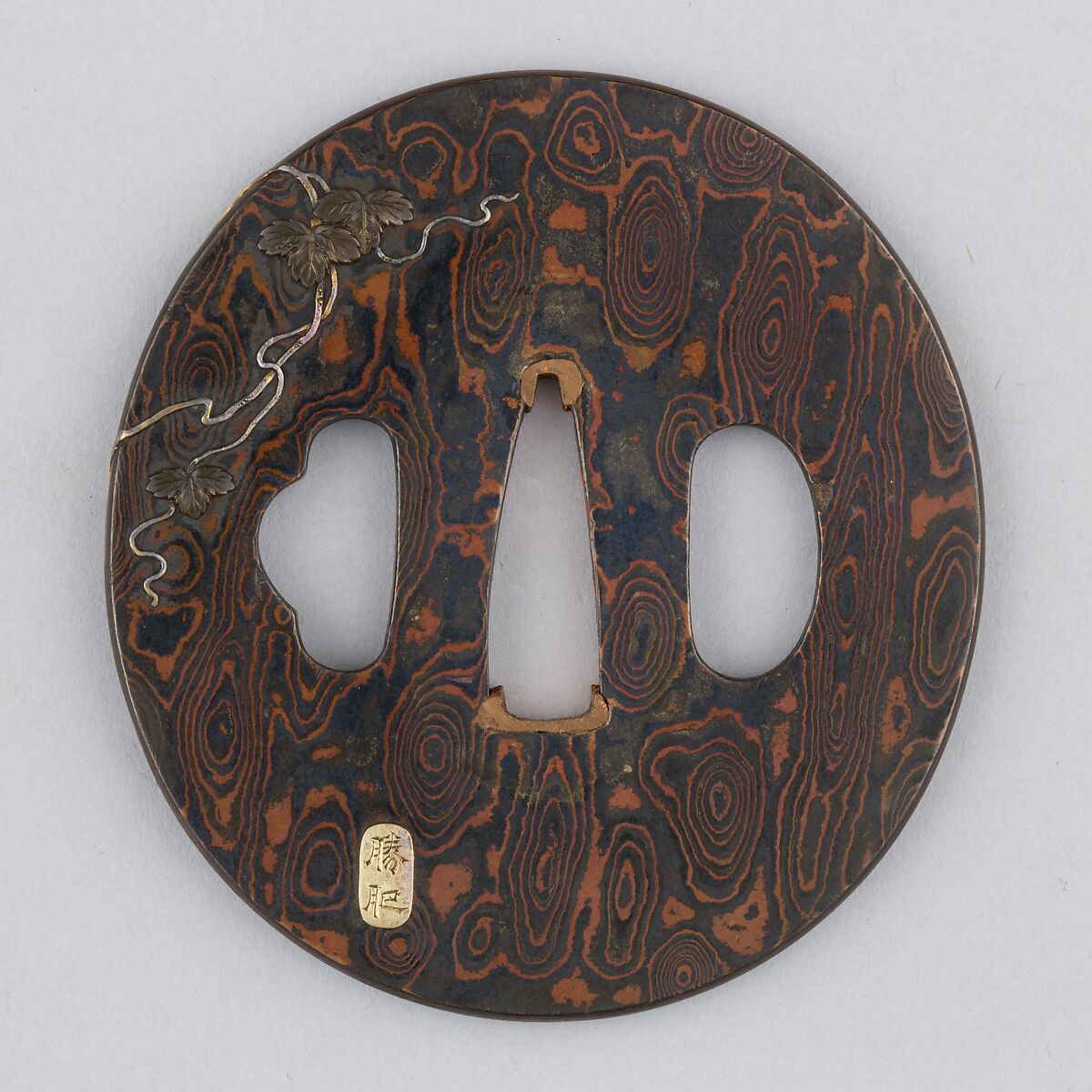 Sword Guard (Tsuba), Copper-gold alloy (shakudō), copper (mokume-gane); gold; silver, Japanese