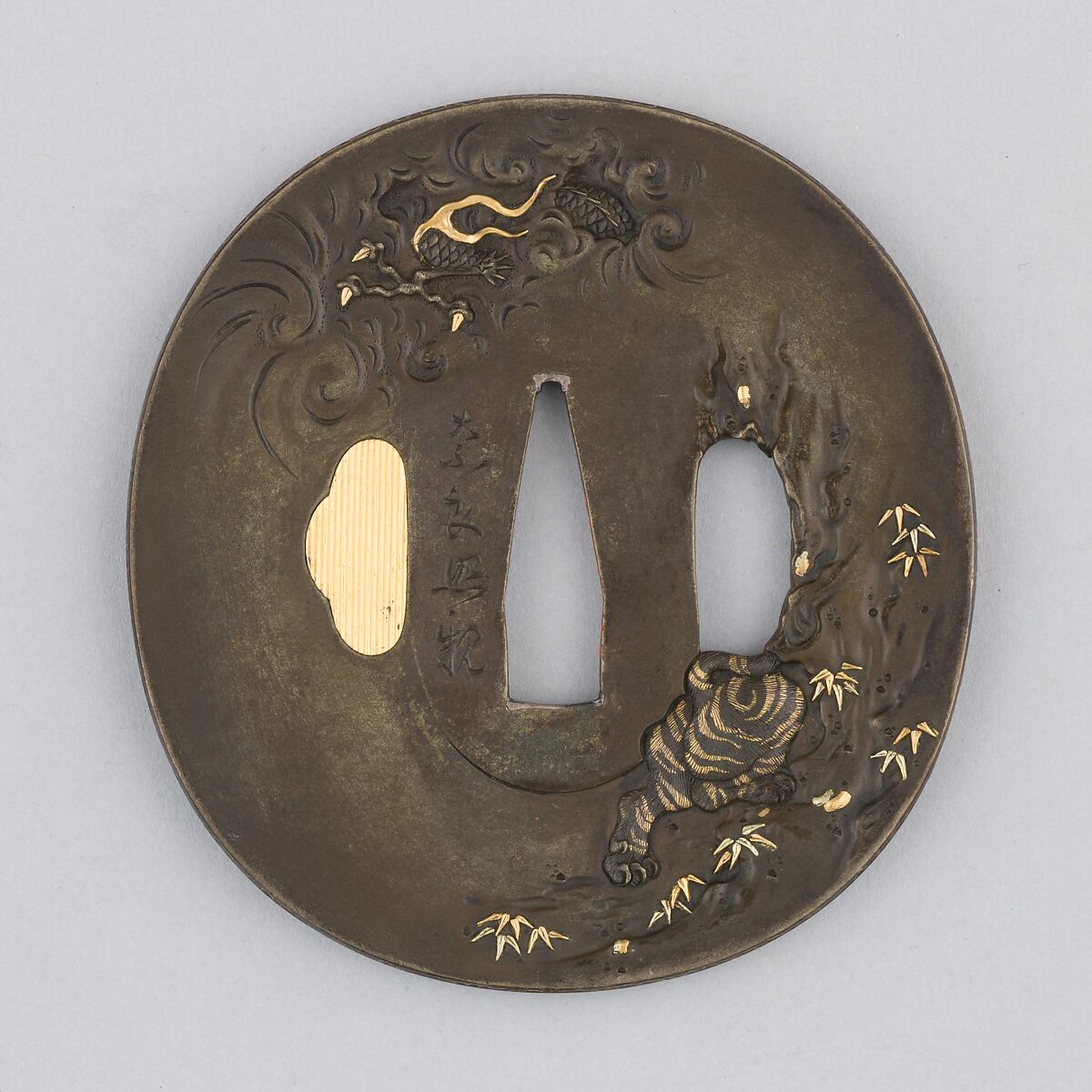 Sword Guard (Tsuba), Copper-silver alloy (shibuichi), gold, copper, Japanese