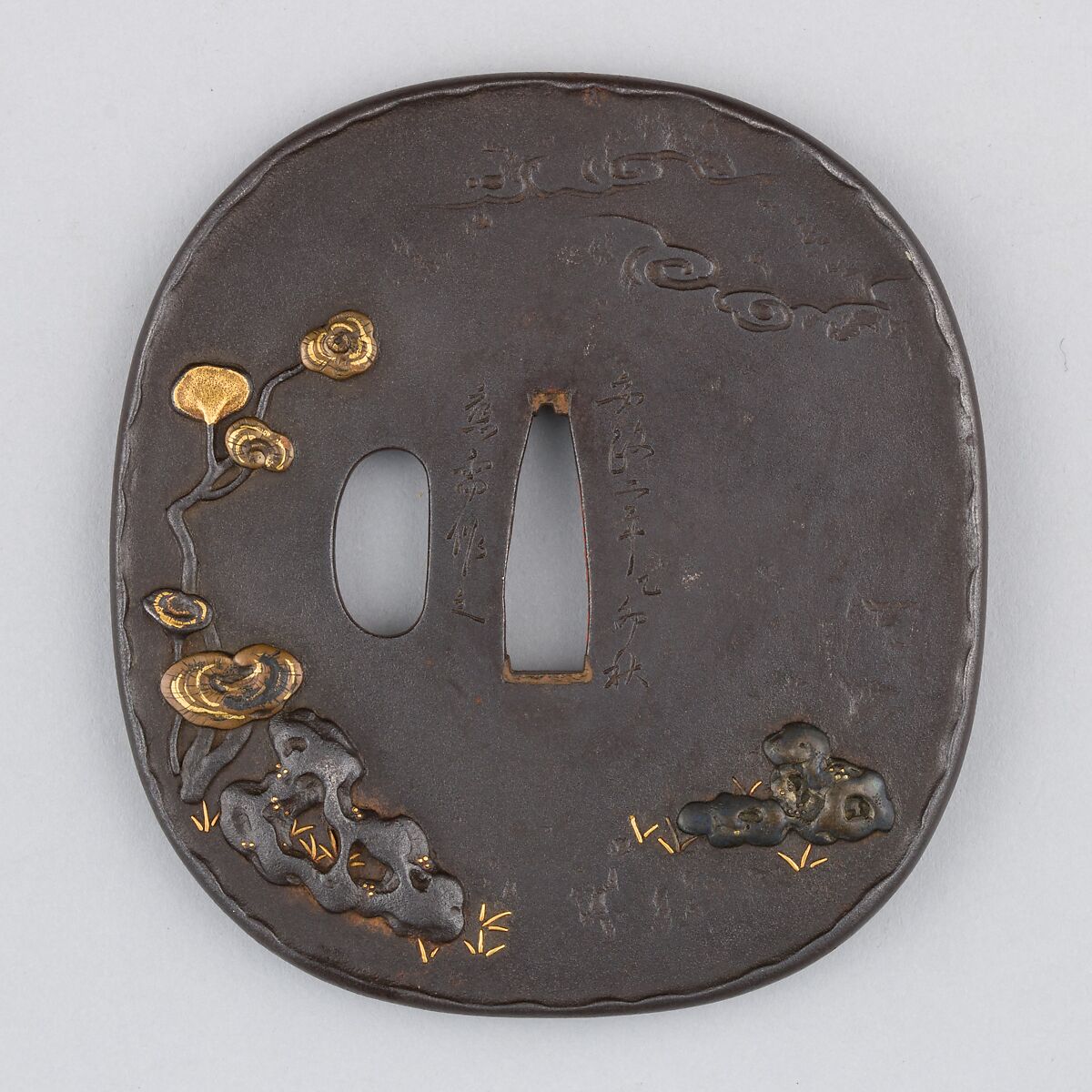 Sword Guard (Tsuba), Iron, gold, copper-silver alloy (shibuichi), copper, Japanese