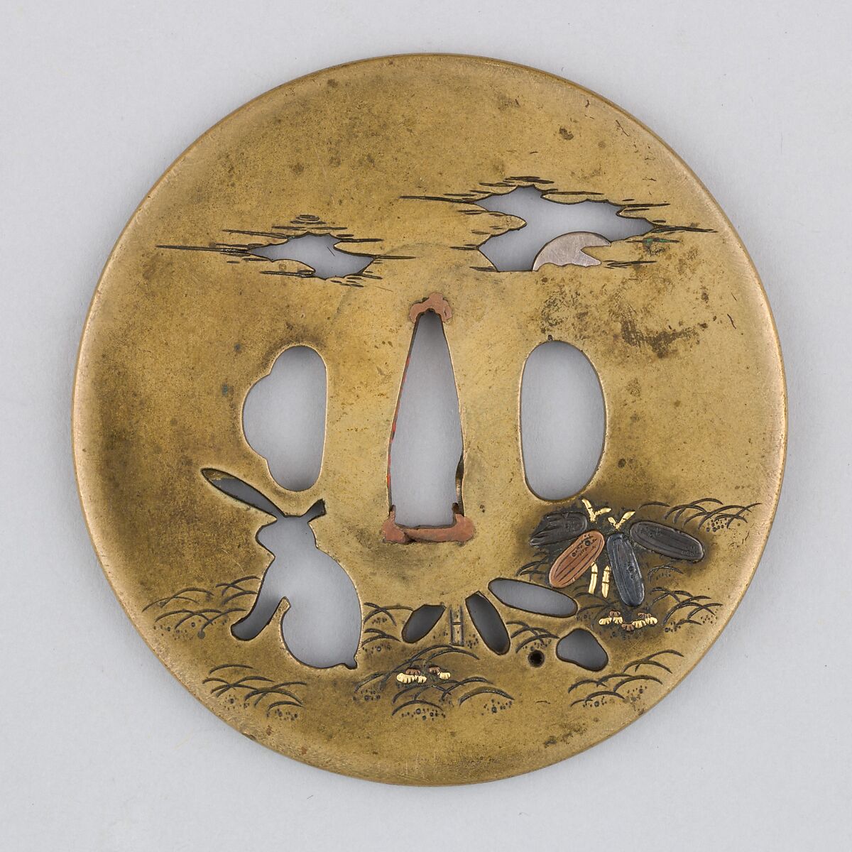 Sword Guard (Tsuba), Copper alloy, silver, copper-gold alloy (shakudō), copper, Japanese