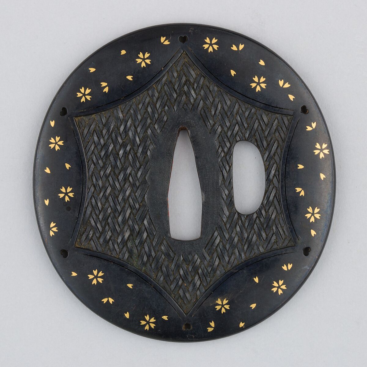 Sword Guard (Tsuba), Copper-gold alloy (shakudō), gold, copper, Japanese