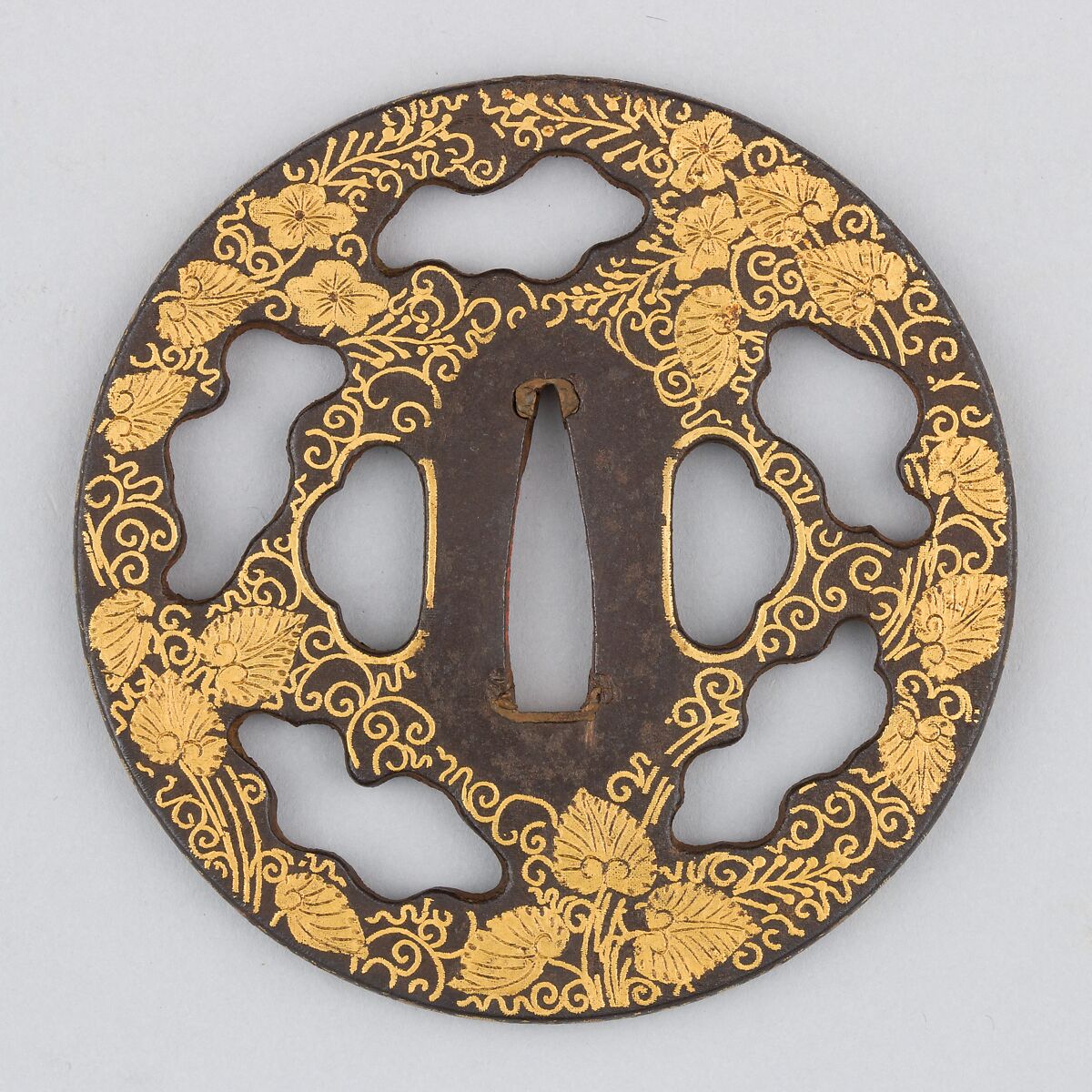 Sword Guard (Tsuba), Iron, gold, copper, Japanese 