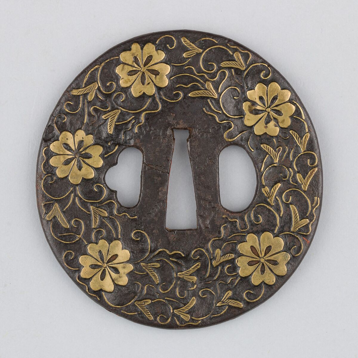 Sword guard (Tsuba) With Cherry Blossom Motif (桜図与四郎象嵌鐔 