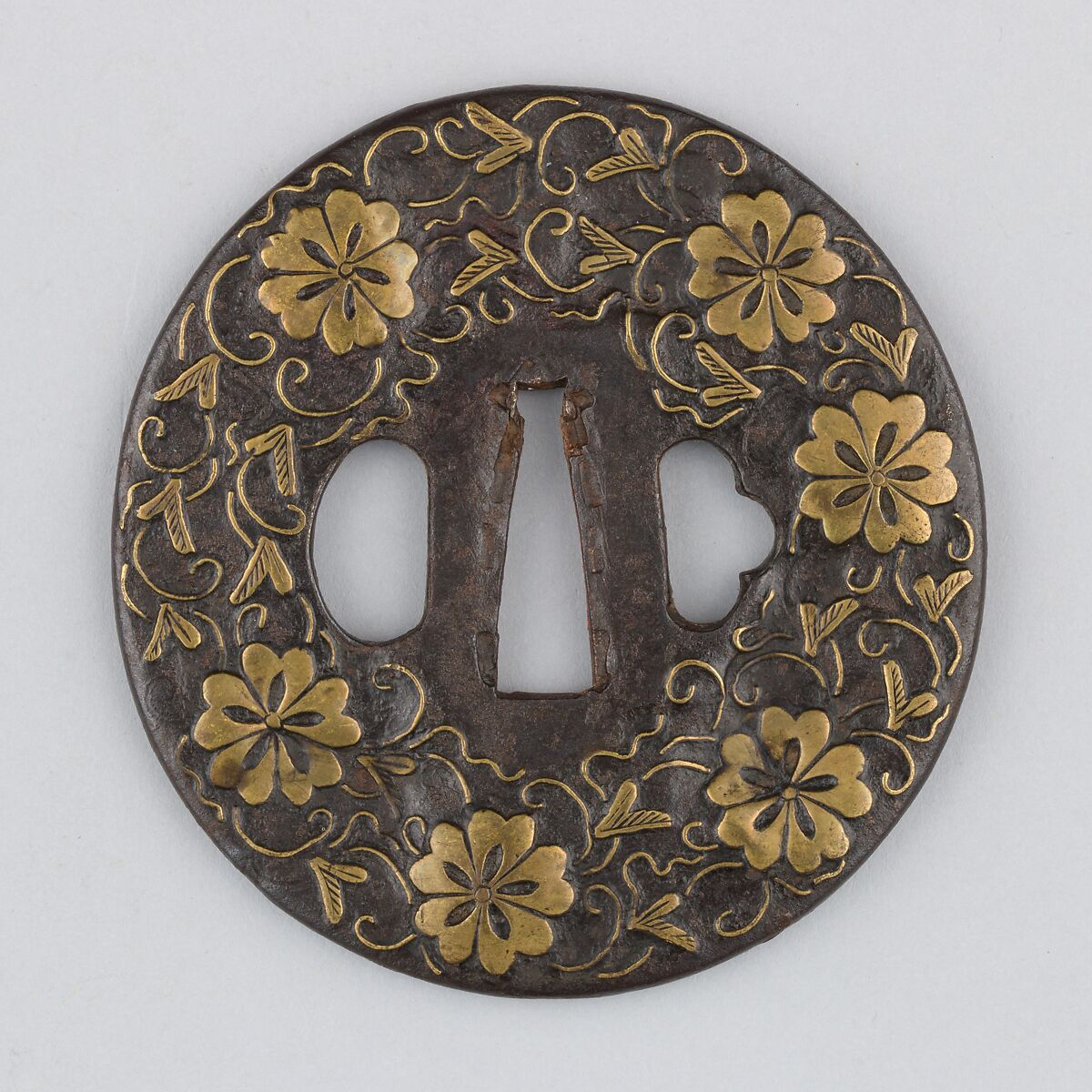 Sword guard (<i>Tsuba</i>) With Cherry Blossom Motif (桜図与四郎象嵌鐔), Iron, brass, Japanese