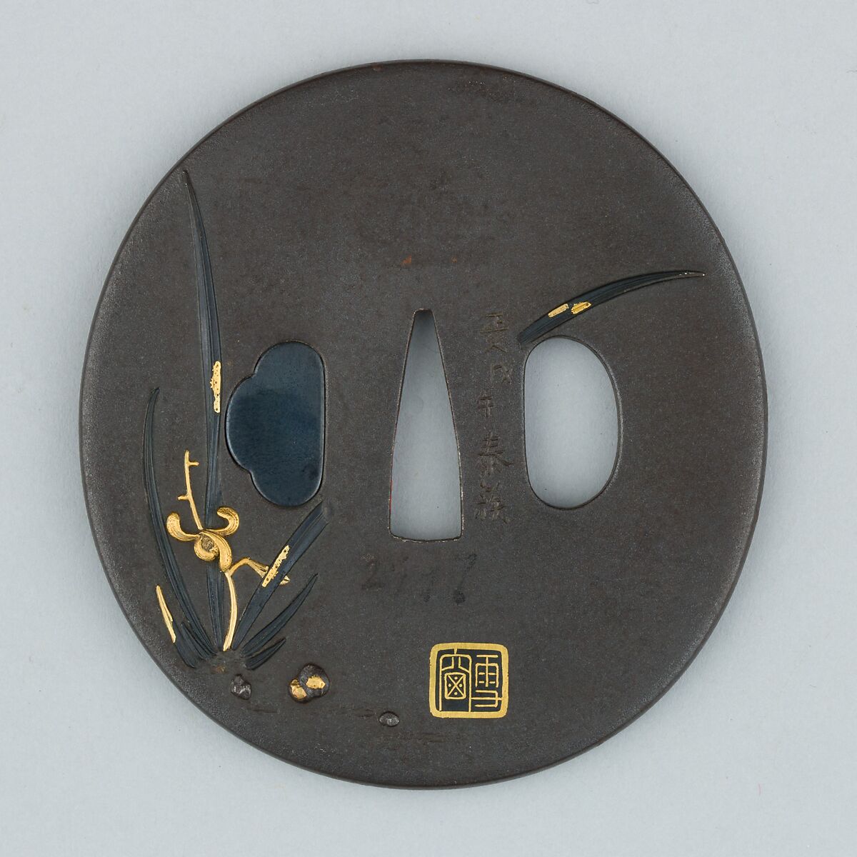 Sword Guard (Tsuba), Iron, copper-gold alloy (shakudō), gold, copper, Japanese