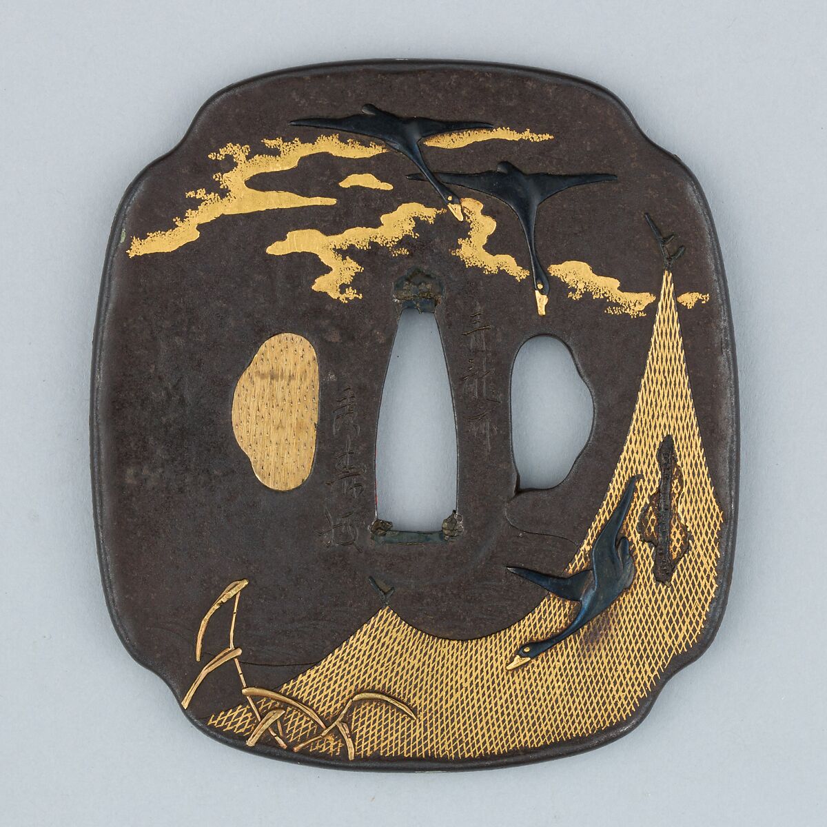Sword Guard (Tsuba), Iron, gold, silver, copper-gold alloy (shakudō), copper, Japanese 
