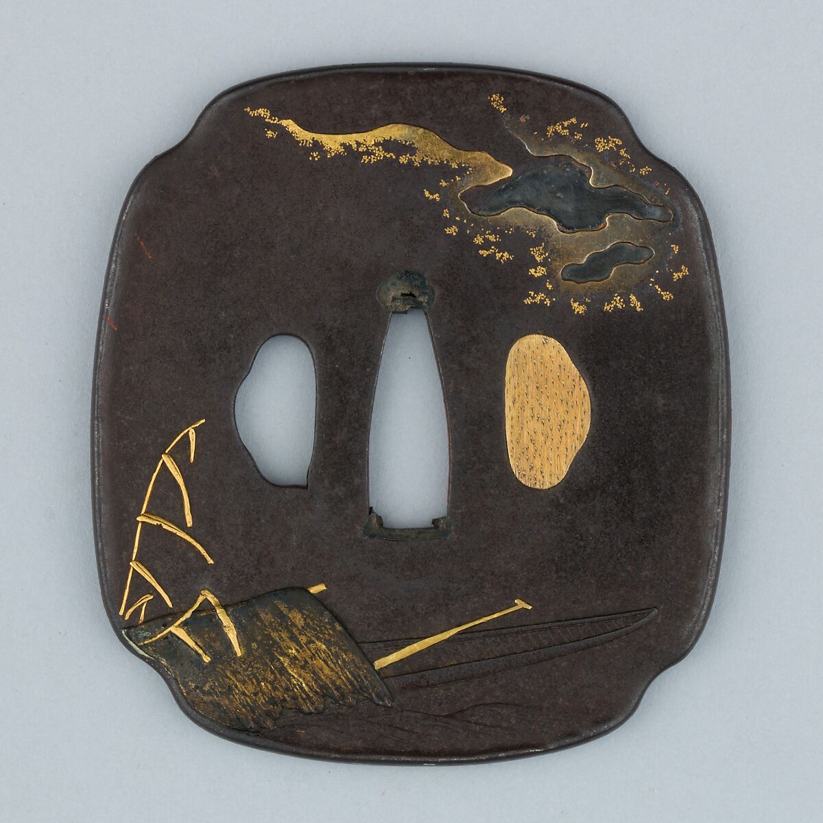 Sword Guard (Tsuba), Iron, gold, silver, copper-gold alloy (shakudō), copper, Japanese