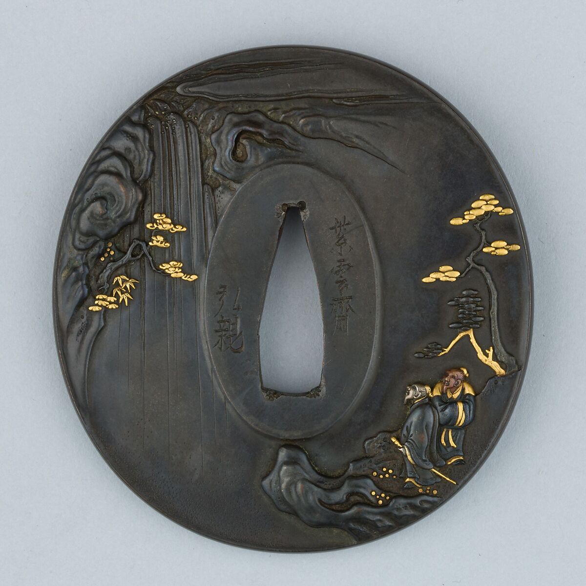 Sword Guard (Tsuba), Copper-silver alloy (shibuichi), copper-gold alloy (shakudō), gold, silver, copper, Japanese 