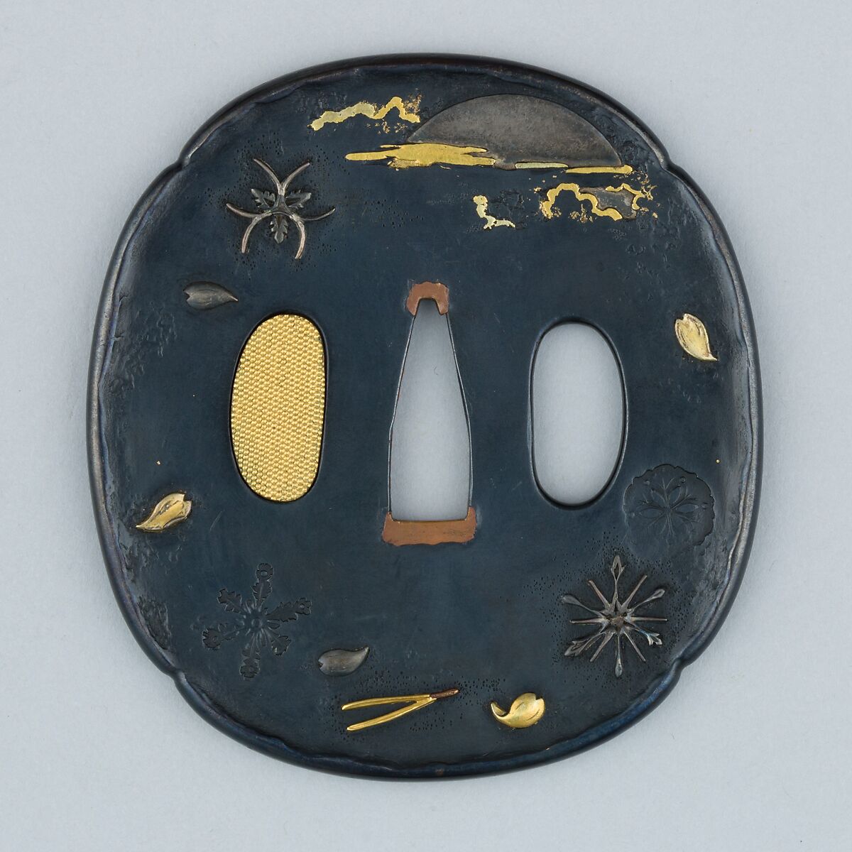 Sword Guard (Tsuba), Copper-gold alloy (shakudō), silver, gold, copper-silver alloy (shibuichi), copper, Japanese