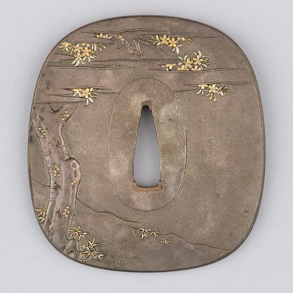 Sword Guard (Tsuba), Iron, gold, silver, copper-gold alloy (shakudō), copper, Japanese